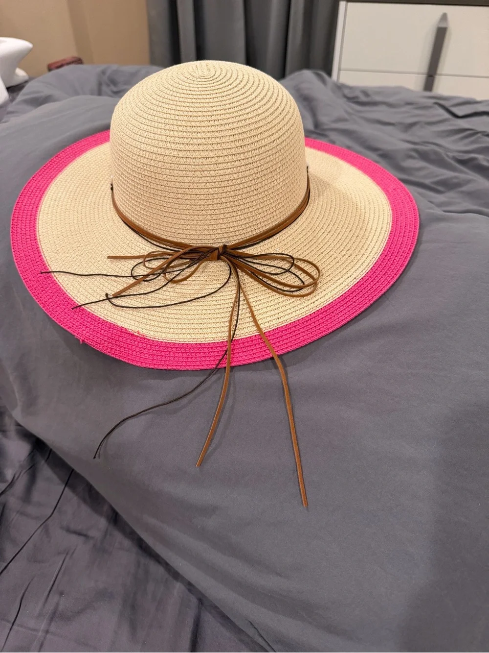 Straw Sun Hat with Pink Brim and Brown Tie